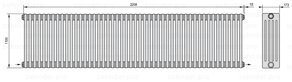 Схема (чертеж) Радиатор Zehnder Charleston 5110/48 №2670 Белый глянцевый RAL 9016